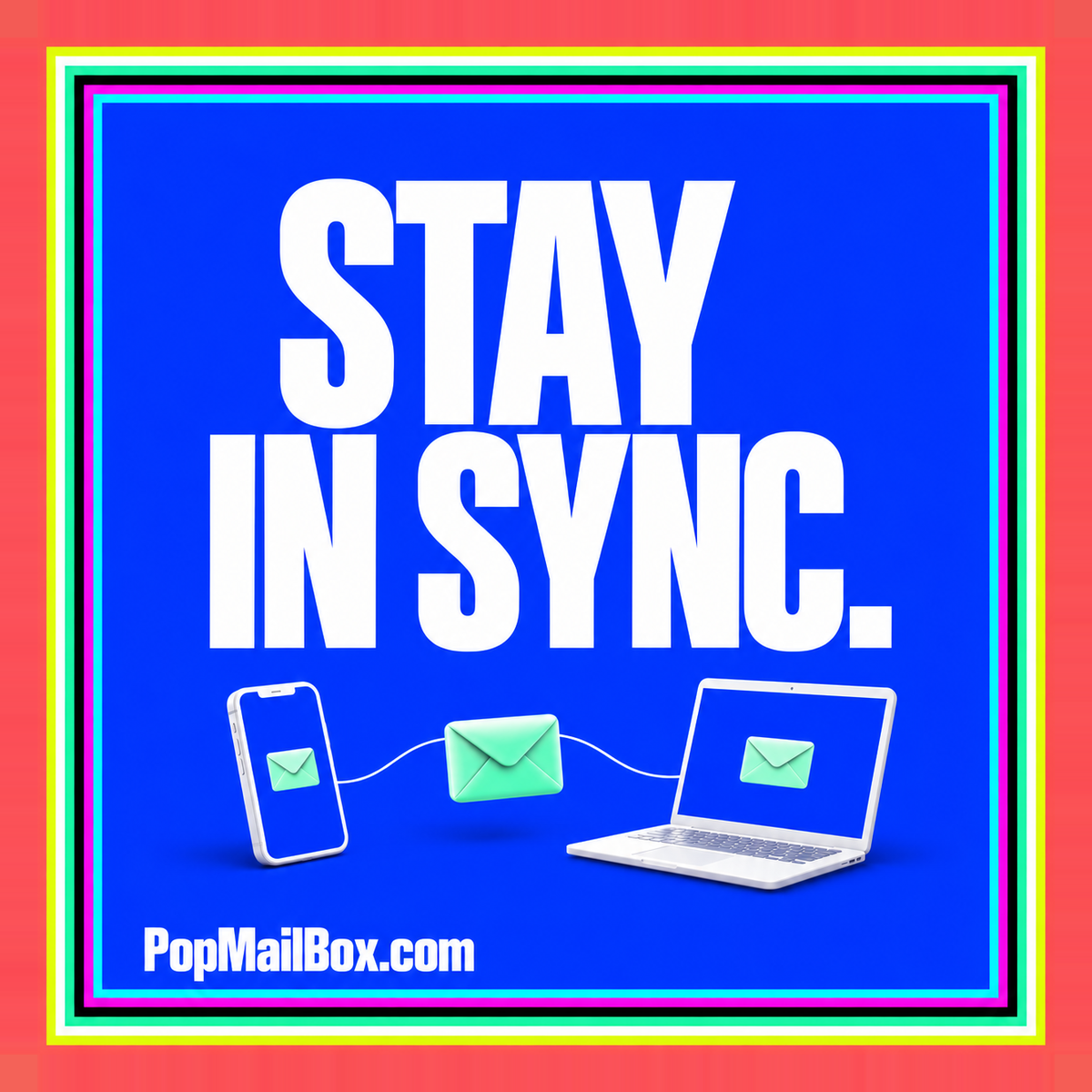 PopMailBox illustration showing one IMAP mailbox synchronized across a phone and computers